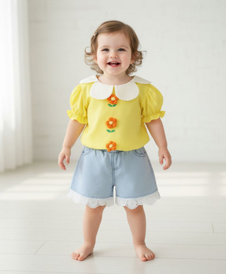 dingdong Baby Girls Casual Top Shorts(Yellow)