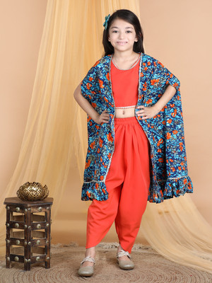 CUTIEKINS Girls Party(Festive) Shrug Dhoti Pant(Orange & Navy Blue)