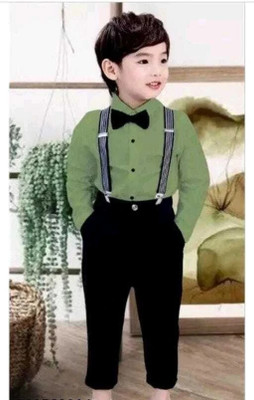 Jekeshvi Trend Boys Casual Shirt Belt, Pant, Bow Tie, Suspenders(GREEN+BLACK)