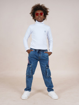 KiddoPanti Boys Casual T-shirt Jeans(White & Blue)