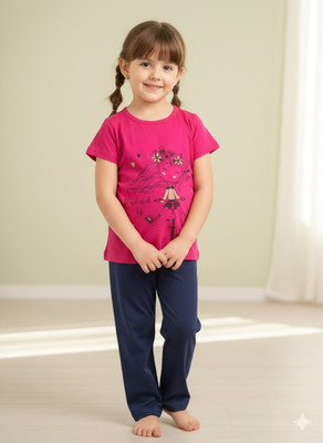 KiddieKisses Girls Casual T-shirt Pant(Pink-Navy Blue)
