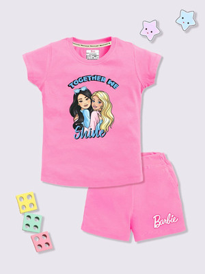 YK X Minute Mirth Boys & Girls Barbie Casual T-shirt Shorts(Pink)