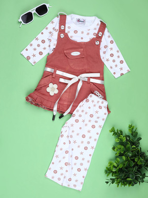 V-MART Baby Girls Casual T-shirt Dungaree(Rust)