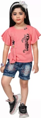 SM Mahira Baby Girls Party(Festive) T-shirt Jeans, Shorts(Pink)