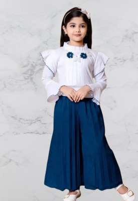 Vijatree Girls Casual Top Pant(White / Dark Blue)