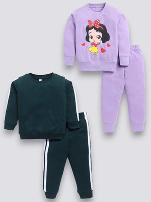 carrydreams Girls Casual T-shirt Trouser(BOTTLEGREEN_PURPLE)