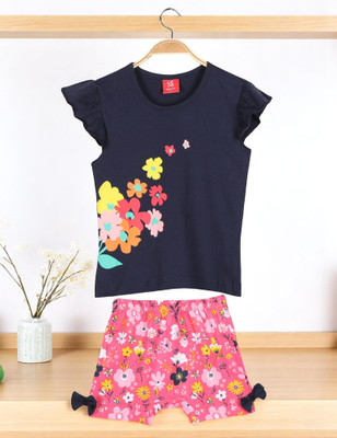 Shlok Samhita Girls Casual Top Skirt(BLACK AND PINK FLORAL)