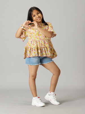 KiddoPanti Girls Casual Top Shorts(Yellow & Lt Blue)