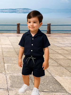 FASHION GRAB Boys Casual Shirt Shorts(Navy Blue)