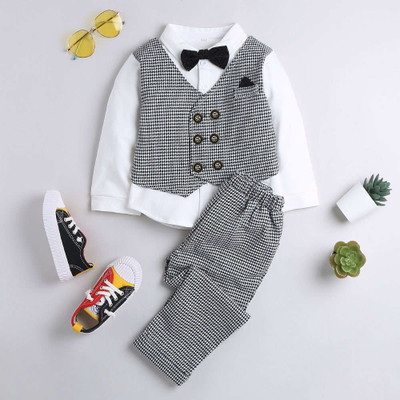 Anika Baby Boys Party(Festive) Shirt Blazer, Track Pants(Grey-White)