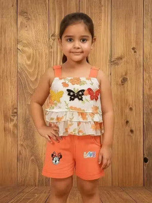 Tyagi Fashion Baby Girls Casual Top Shorts(ORANGE Top and Printed Short Bottom Set for Kids – Stylish & Comfortable)