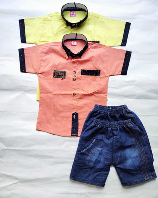 SRFASHION Boys Casual Shirt Shorts(Lemon Yellow, Peach)