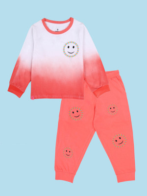 KiddoPanti Girls Casual T-shirt Track Pants(Pink & Coral)