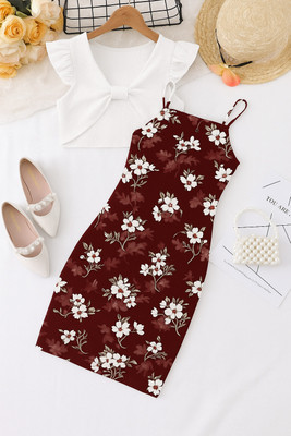 BrisaEnterprise Girls Casual Top Dress(MAROON, WHITE)