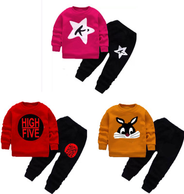 DRUZZEE Boys & Girls Casual T-shirt Pant(Kstar Rani, Hifi Red, Cat Mustard)