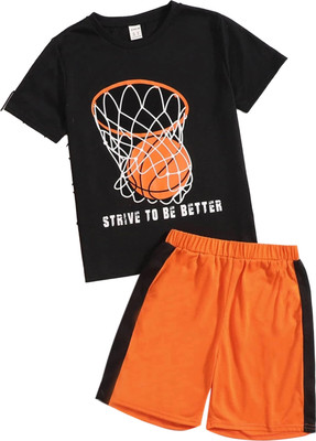 HouseOfCommon Boys & Girls Casual T-shirt Shorts(Orange, Black)