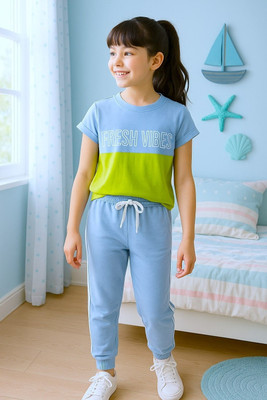 Bubble Berry Baby Girls Casual T-shirt Trouser(Blue)