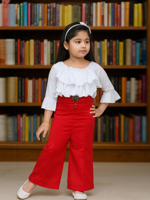 GREEN DRAGONFLY Girls Casual Top Pant(White & Red)