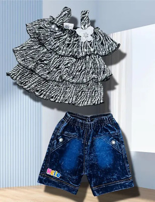 faashiva Baby Girls Casual Top Shorts(BLACK Frill Top, blue Denim Short)