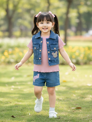 KETI MINI Girls Casual Top Shorts, Waistcoat(Peach)