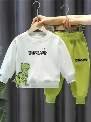MUCARE Boys & Girls Dinosaur Casual T-shirt Track Pants(White/Green)