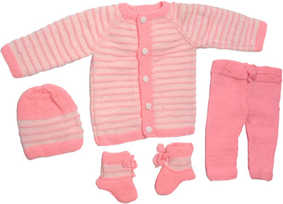 Cute Collection Baby Boys & Baby Girls Party(Festive) Sweater Bootie, Pyjama, Cap(Pink With White Line)