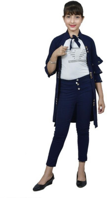 AJEO Fashion Girls Casual Shrug T-shirt, Pant(Blue)