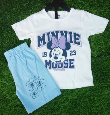 LASKAPRO Baby Girls Mickey Casual T-shirt Shorts(WHITE T- SHIRT, BLUE SHORTS)