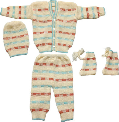 VIYODHAR Baby Boys & Baby Girls Party(Festive) Sweater Pant, Bootie, Cap(Cream)