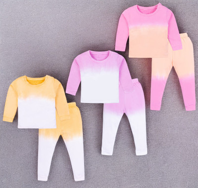 Yk Boys & Girls Casual T-shirt Pyjama(Yellow&White, Purple&White, Pink&Orange)