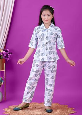 Kidzfashion Girls Casual Top Pant(BLUELEAFPRINT)