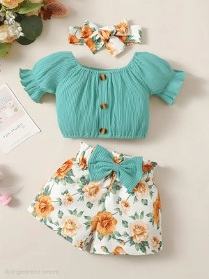 HouseOfCommon Baby Girls Daisy Party(Festive) Top Shorts, Hairband(Green)
