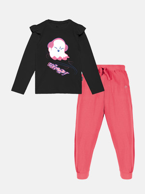 KiddoPanti Girls Casual T-shirt Track Pants(Black & Coral)