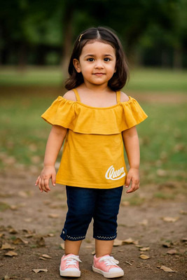 Buble Duble Baby Girls Party(Festive) Top Pant(Yellow, Blue)