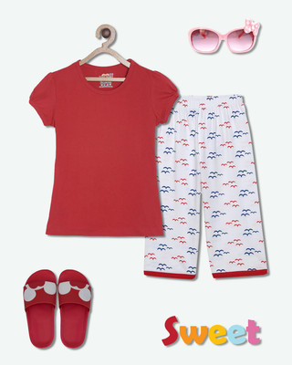 SINI MINI Girls Casual Pyjama Sleepsuit(RED_3BD)