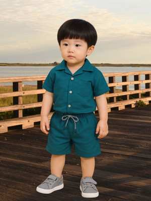 FASHION GRAB Boys Casual Shirt Shorts(Aegean Blue)