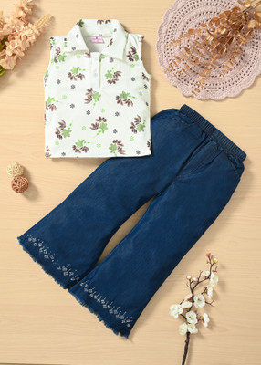 TAILORWOMEN Girls Casual Top Jeans(White Green & Blue)