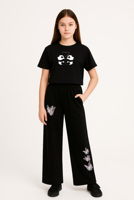 Wearax Girls Casual T-shirt Pyjama(black)