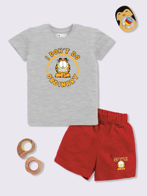 YK X Minute Mirth Boys & Girls Garfield Casual T-shirt Shorts(Grey Melange)