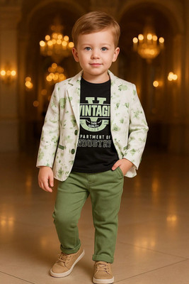 PLAYFULL Baby Boys Party(Festive) Blazer Bodysuit(Green Blazer ,T shirt and matching trouser, 3 Piece Set , Premium and soft Fabric)