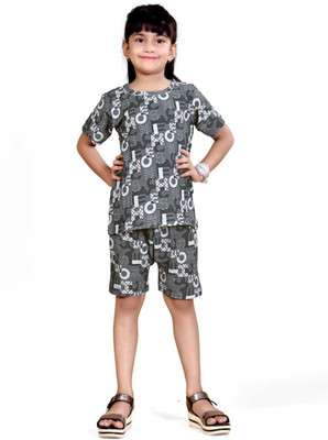 skyteria Girls Casual Top Track Pants(Grey)