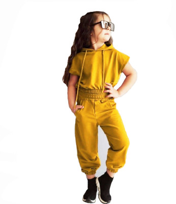 BHOOLKU Girls Casual T-shirt Track Pants(Yellow)