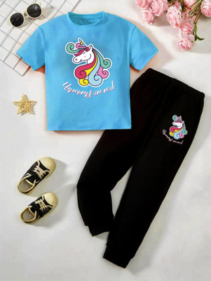 SOUTHTREE Girls Casual T-shirt Track Pants(Turquoise)