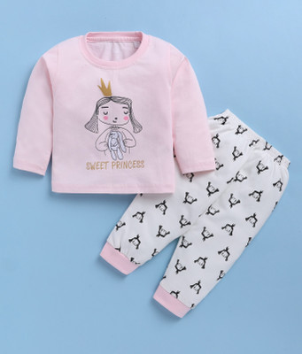 Blushh Berry Girls Casual Top Pant(Pink, White)