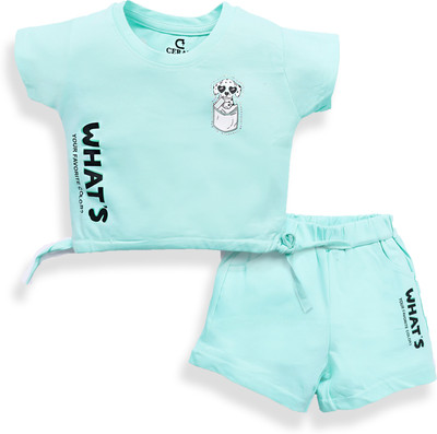 CERABI Girls Casual Top Shorts(Sky Blue)