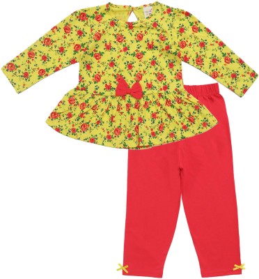 Clothe Funn Baby Girls Casual Top Pant(Yellow AOP & Coral)