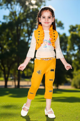 new gen Baby Girls Casual T-shirt Pant, Waistcoat(YELLOW)