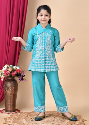 AFTAB DRESSES Girls Festive & Party Kurta and Pyjama Set(Blue Pack of 1)