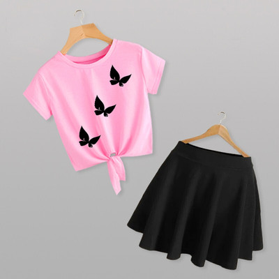 Shree Shaym Enterprises Girls Party(Festive) Top Skirt(Pink and Black)