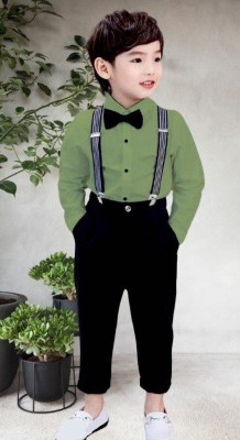 KRIYU CREATION Boys Party(Festive) Shirt Pant, Bow Tie, Suspenders(GREEN)